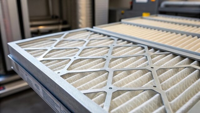 A closeup shot of energy recovery filters being installed emphasizing the layers of filtration material designed to maintain air quality while optimizing energy recapture.