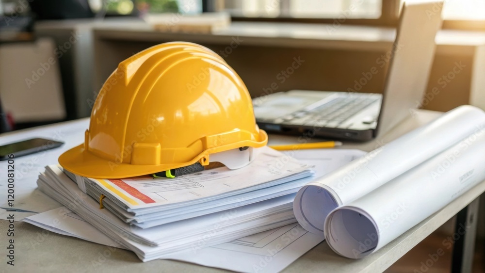 Poster A closeup view of a construction workers helmet resting on a stack of paperwork on a mobile office table surrounded by a laptop and a roll of plans highlighting the blend of safety
