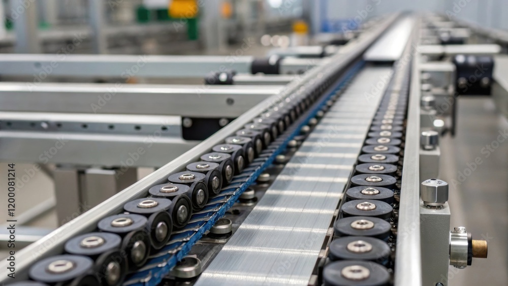Leinwandbilder A closeup view of a conveyor belt system with components moving toward an assembly station emphasizing the smooth synchronized motion of the parts.