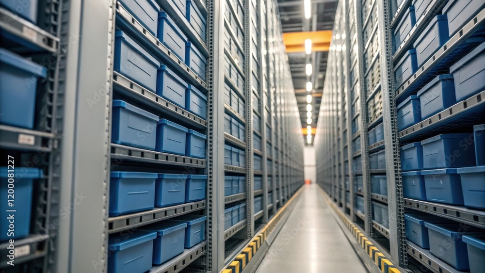 Aufkleber A closeup showing highdensity storage bins being accurately stacked with loading mechanisms visibly integrated into the modern storage architecture.