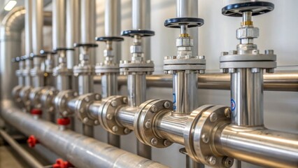 A closeup view of a carefully arranged array of pipes and valves glistening in the sunlight ready to be installed for efficient food processing.