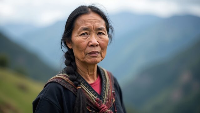Focused middle-aged Nepalese woman in simple attire with a mountainous backdrop