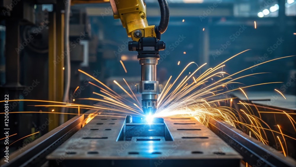 Aufkleber A closeup view of a robotic welding arm precisely integrating components with bright arcs of light illuminating the surrounding industrial setting.