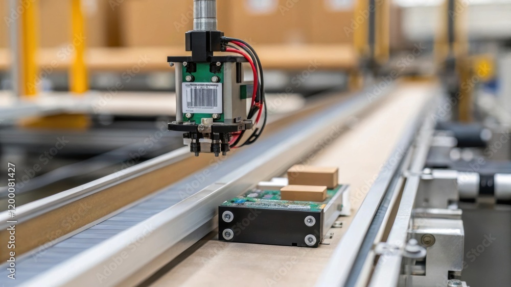 Poster A closeup view of a sensor positioned on the edge of a conveyor capturing the delicate mechanics and wiring essential for product tracking through the packaging process.