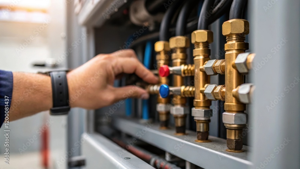 Poster a closeup view of a technicians hand adjusting valves and levers on a refrigeration unit showcasing 