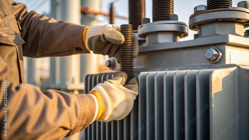 Poster a closeup view of a technicians hands wearing insulated gloves as they carefully tighten a bolt on a