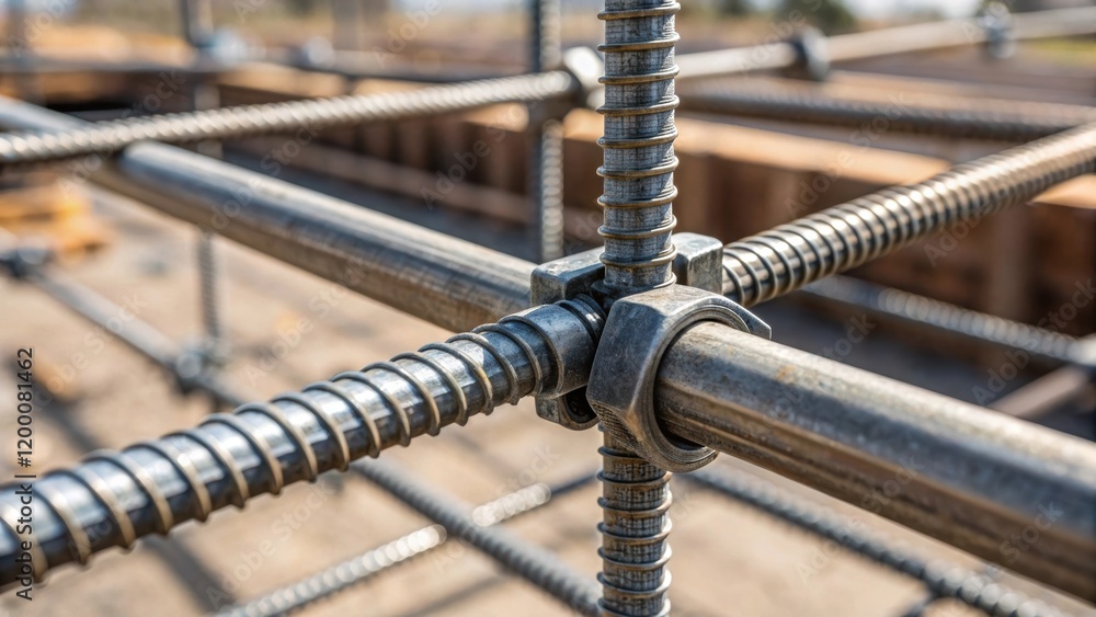 Aufkleber A closeup view of a steel joint being assembled showcasing the interlocking components and the tools used for tightening with a blurred background of the construction site.