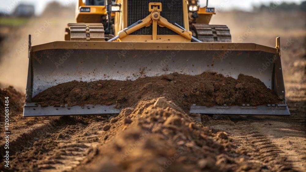 Poster a closeup view of heavy machinery specifically a bulldozer as it digs into the earth with fresh soil