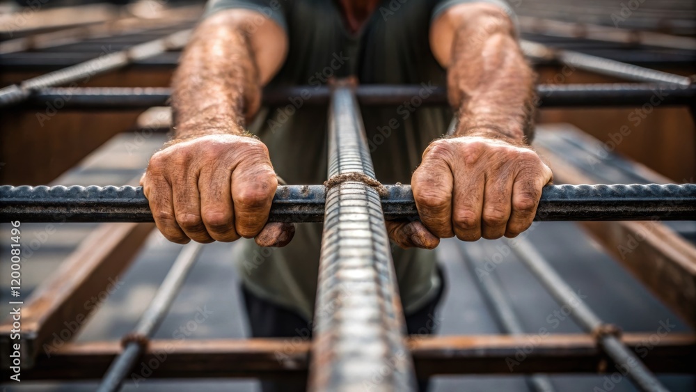 Poster a closeup view of a workers hands gripping a heavy structural panel showcasing the grip and determin