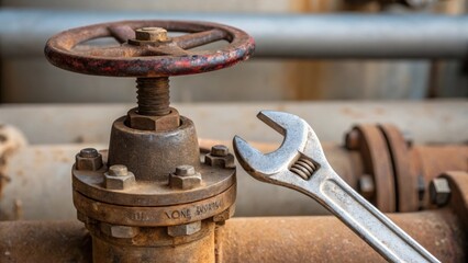 A closeup view of a rusty valve with a wrench in position for maintenance emphasizing the importance of regular repairs to prevent leaks in the fuel infrastructure.