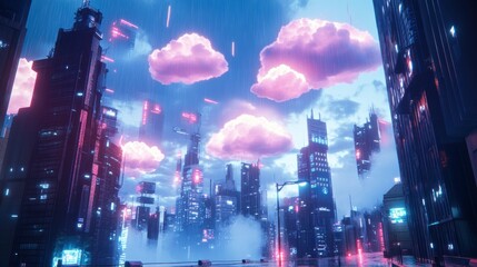 A cloud computing center in a futuristic sci-fi city with glowing clouds of data streaming above, cinematic style