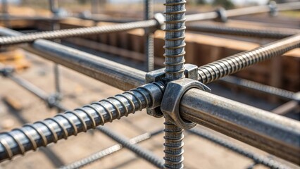 A closeup view of a steel joint being assembled showcasing the interlocking components and the tools used for tightening with a blurred background of the construction site.