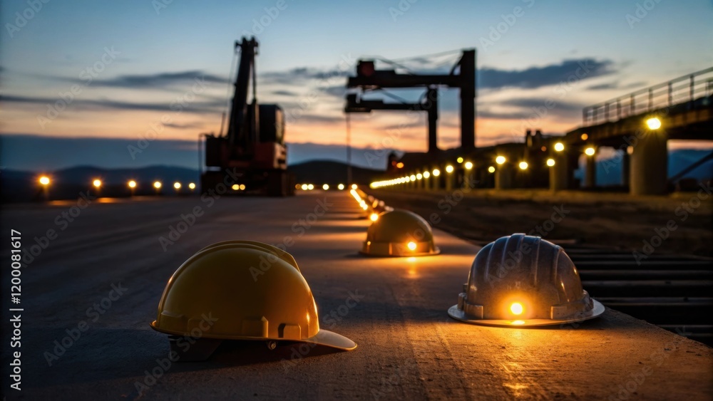 Poster a closeup view of the reservoir construction site at dusk with safety lights illuminating the area a