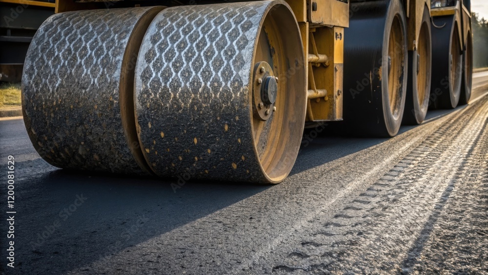 Poster a closeup view of the steamrollers massive textured wheels leaving imprints on freshly laid asphalt 