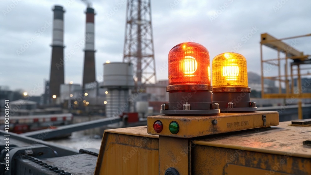 Poster a closeup view of the vibrant warning lights flashing atop the crane contrasting against the backdro