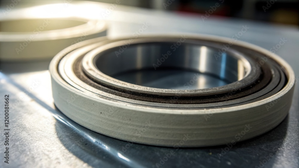 Aufkleber A detailed closeup of a freshly extruded rubber seal highlighting its smooth surface and precision edges illuminated by a soft but focused light source.