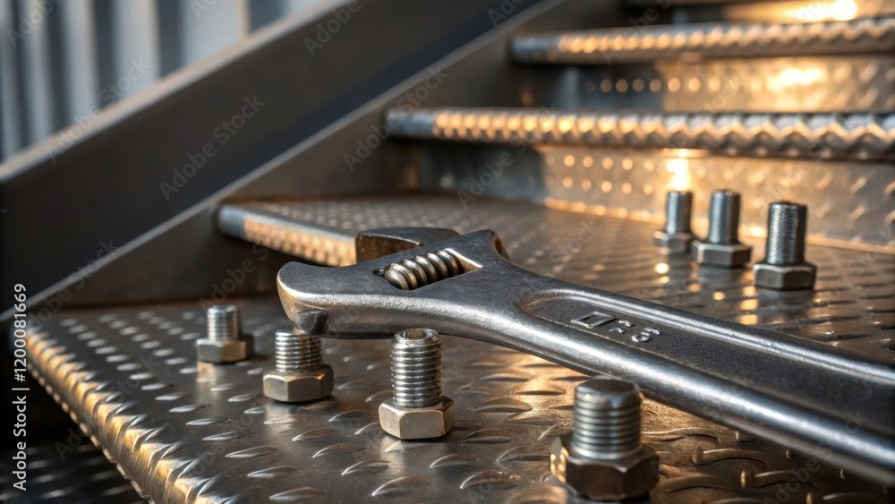 Poster a detailed closeup of a wrench tightening bolts on a staircase section with the metallic texture and