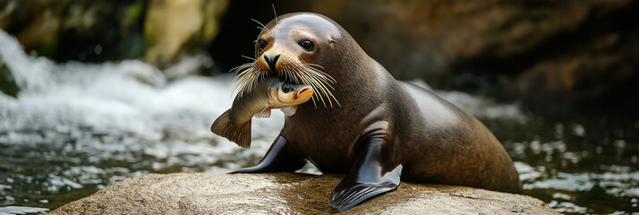 Obraz premium Playful seal resting on rock with fish, cheerful nature scene