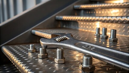 A detailed closeup of a wrench tightening bolts on a staircase section with the metallic texture and reflections creating an industrial aesthetic.