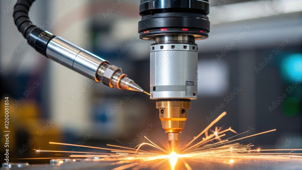 Poster a detailed shot of a robotic welding torch highlighting its nozzle and the glowing welding arc illus
