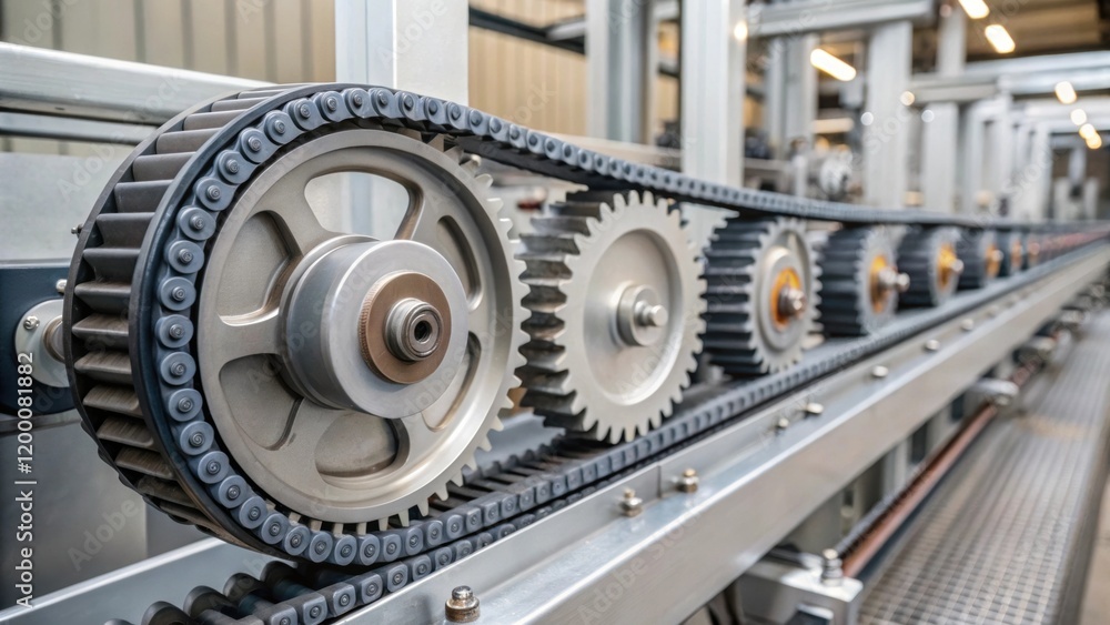 Poster A detailed view of complex machinery gears and belts in motion transmitting power and precision in the transformation of raw materials into plastic products.