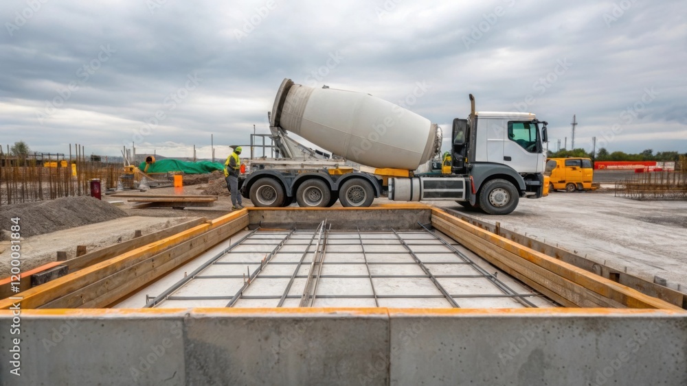 Poster a detailed view of a concrete mixing truck pouring freshly mixed concrete into a mold creating the f