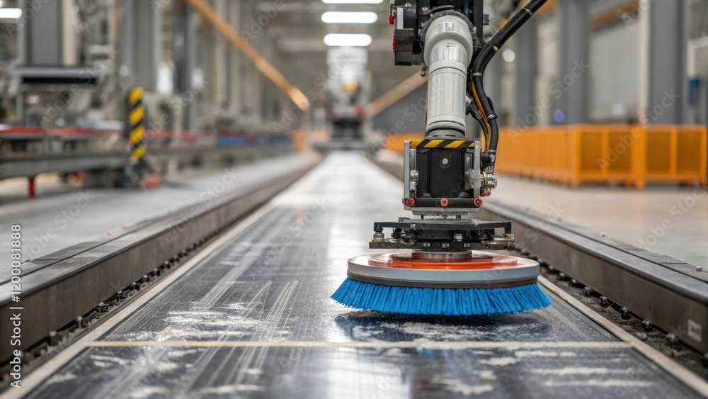 Poster A detailed view of a robotic arm equipped with cleaning brushes actively scrubbing the floor of a large production line showcasing its precision.