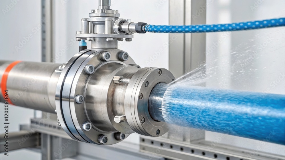 Aufkleber A detailed view of the discharge pipe connected to the pressure valve showcasing the dynamic flow of materials as part of the testing environment.