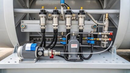 A detailed view of a hydraulic system on a wind turbine platform showcasing the interconnected pipes and valves used for adjusting blade angles.