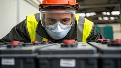 Fototapeta premium A detailed shot showcases a workers face masked in safety gear reflecting concentration as they carefully align a large battery unit with its connection interface.