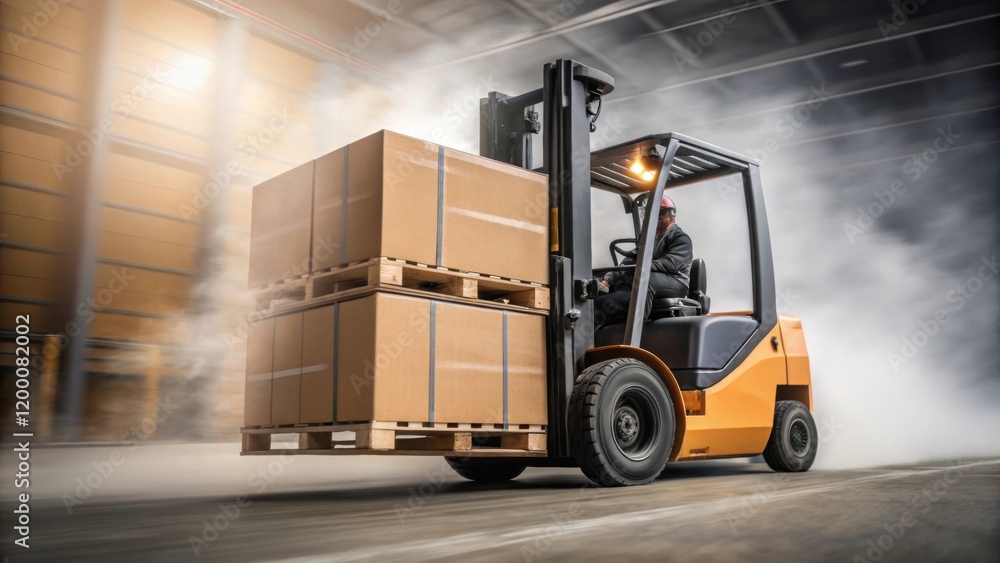 Aufkleber A dynamic medium closeup of a fork lift in motion captured as it tilts the pallet slightly forward allowing boxes to slide into place while dust swirls around the wheels.