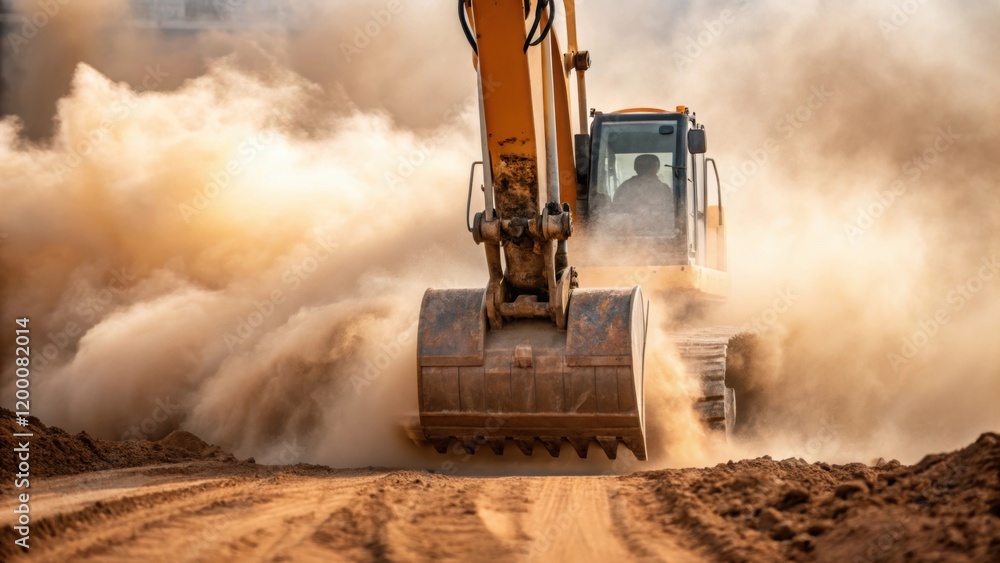 Aufkleber A dust cloud billows around the base of the excavator as it shifts soil capturing the dynamic action and the movement of the surrounding elements.