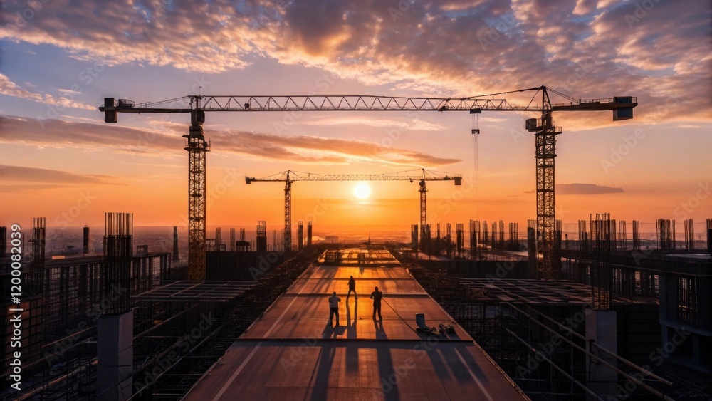 Poster aerial view depicting a construction site at sunrise where silhouettes of cranes and workers are ill