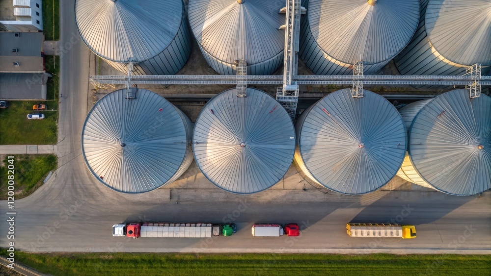 Poster aerial view of massive silos connected by a network of conveyor belts with grains spilling into chut