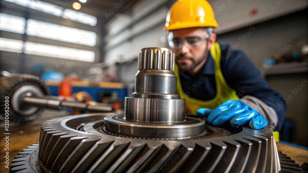 Aufkleber A focused shot of a worker applying grease to a gearbox component illustrating the lubrication processes necessary for turbine efficiency.