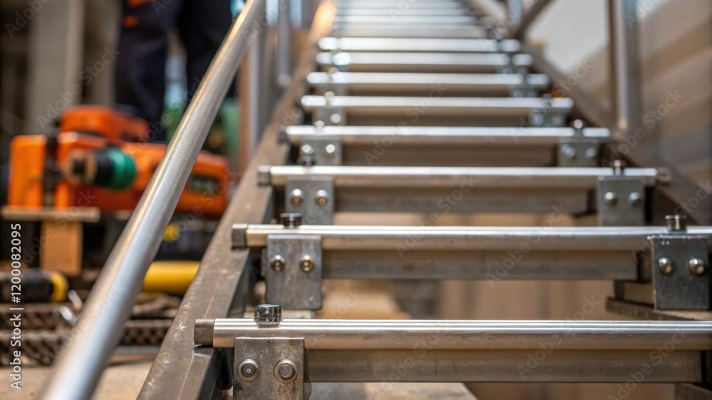 Poster A focus on the glinting metal joints of a staircase being pieced together with a blurred background of construction tools emphasizing the precision of assembly.