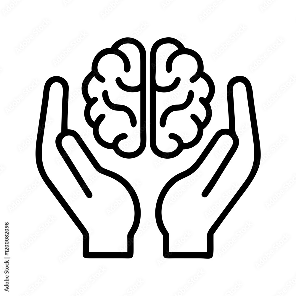 Poster brain in hands icon, brain in hands line art - simple line art of brain in hands, perfect for brain 