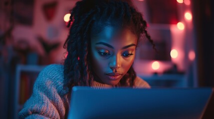 Focused black student studying at home using laptop in cozy illuminated room