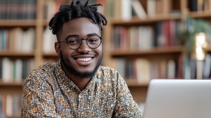 Smiling black student using laptop in library setting for online learning