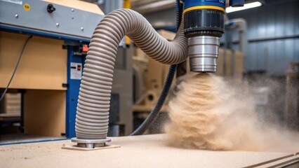 A focused shot of a dust collector system in action nearby showcasing the thick swirling dust being extracted emphasizing the importance of cleanliness and safety in the