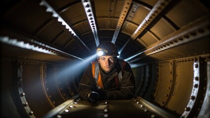 Fototapeta premium A focused shot of a worker using a flashlight inside a fuel tank with beams of light illuminating the tanks inner walls and highlighting small rivets and seams.