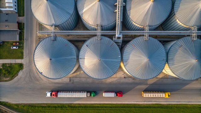 Aerial view of massive silos connected by a network of conveyor belts with grains spilling into chutes as trucks are loaded belowa hive of agricultural processing.