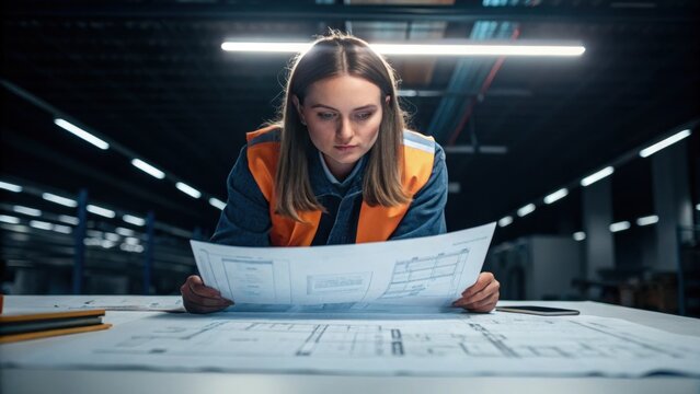 A female engineer reviews blueprints spread out on a table her focused expression illuminated by the bright overhead lights highlighting the planning phase of assembly.