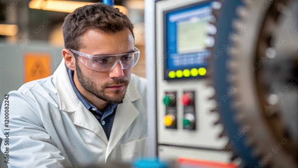 Poster A medium closeup captures a focused technician adjusting settings on a plasma ting machine machinery gears and digital displays blurred in the background.