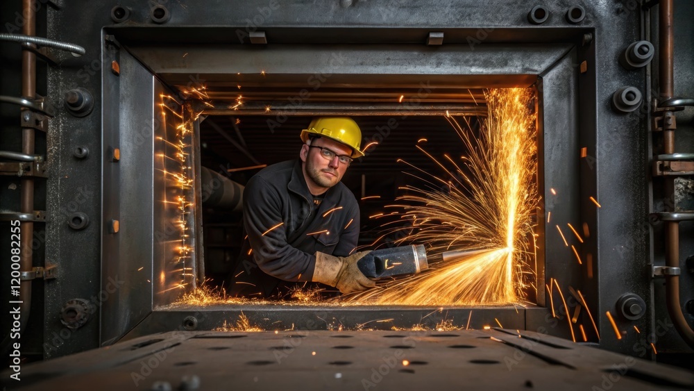 Poster A maintenance worker using a power tool to remove rust and debris from the furnaces interior structure showcasing sparks flying and metal shavings accumulating.