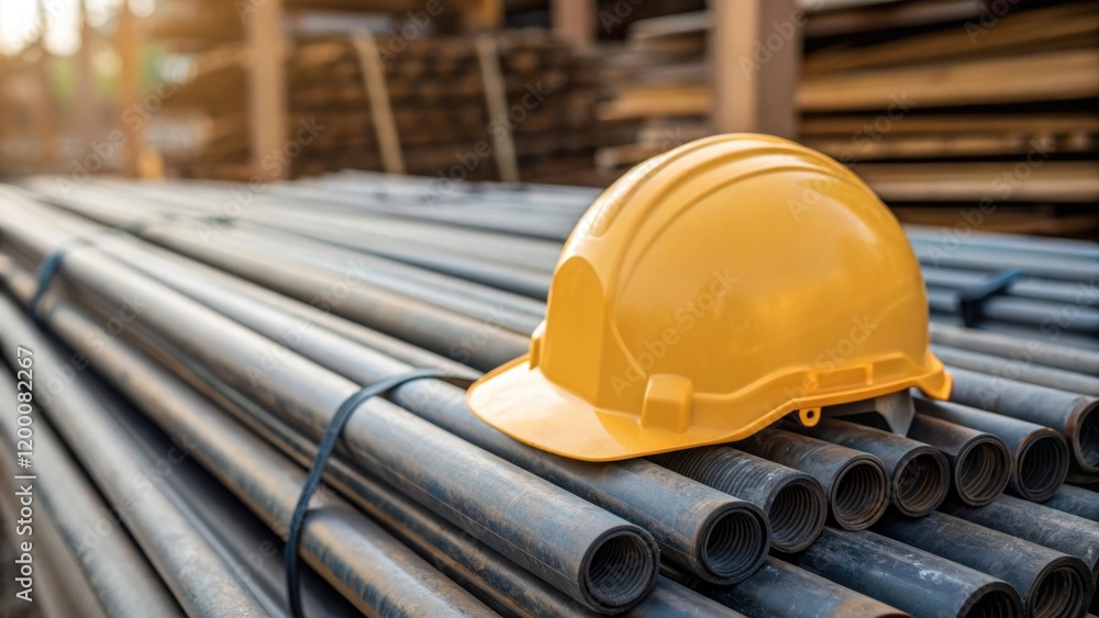 Poster A medium closeup capturing a construction helmet resting on a stack of conduit materials symbolizing safety and readiness for the task ahead.