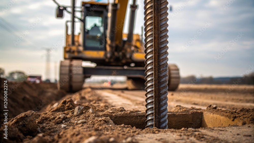 Poster a medium closeup captures the intricate details of a steel pile being driven into the ground with hy