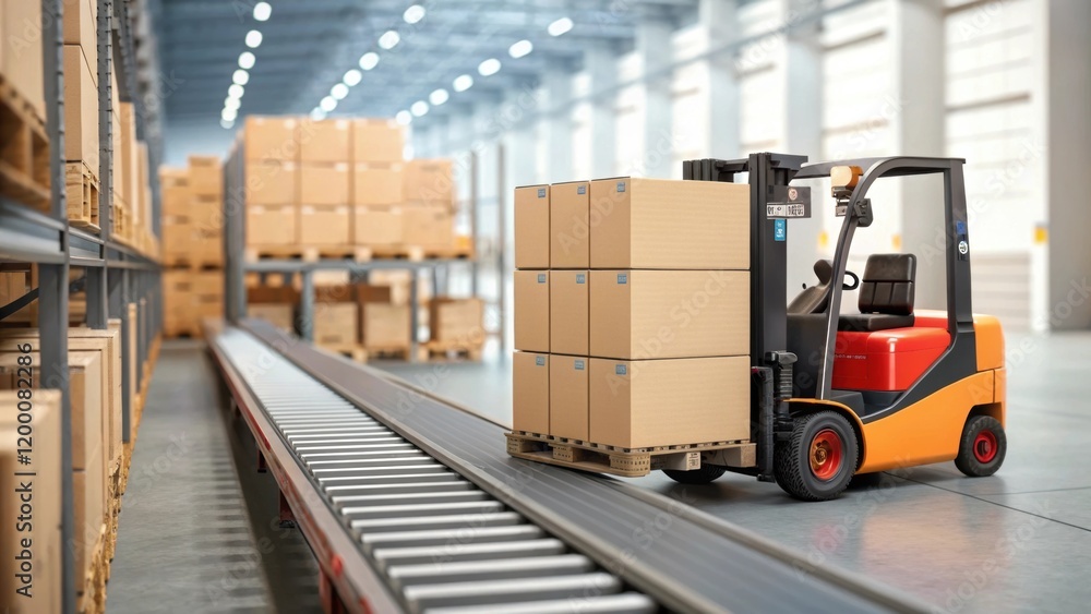 Leinwandbilder a medium closeup capturing a conveyor belt in the background as a forklift carries a load illustrati