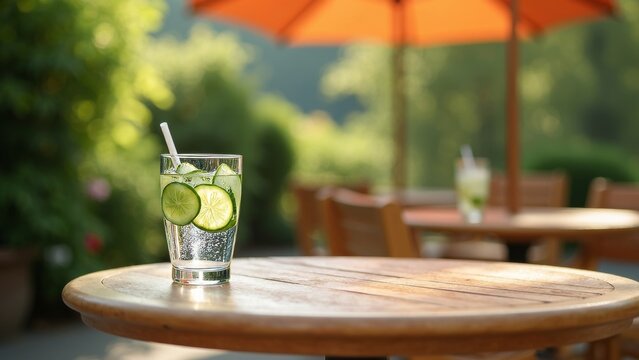Inviting glass of cucumber-infused water on a wooden table under shaded terrace in caf&eacute;