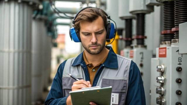 A medium closeup captures a technician wearing headphones intently listening to the transformers operational sounds with a notepad in hand to jot down observations.